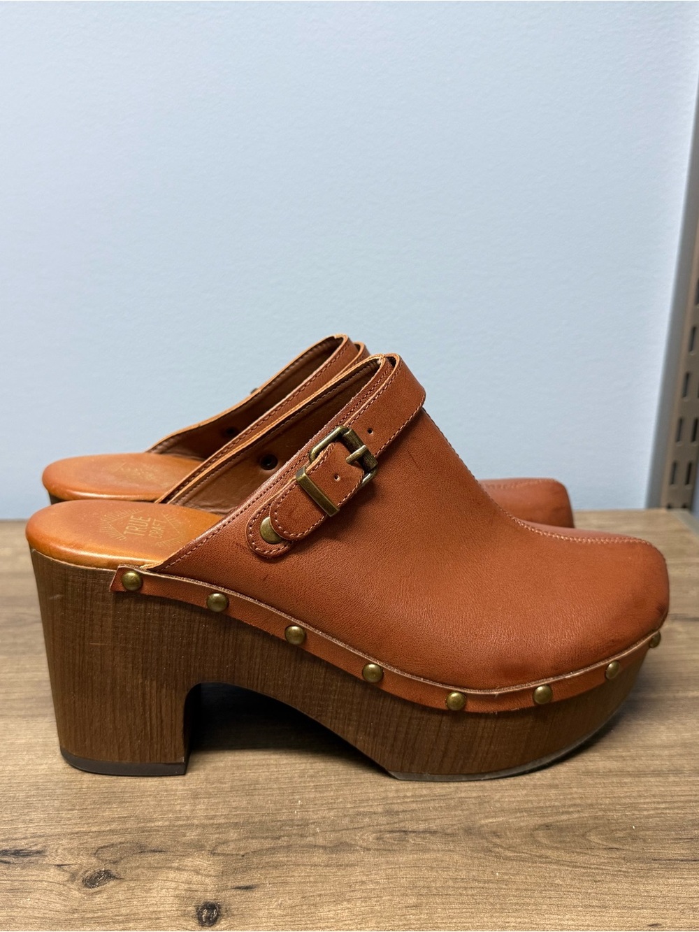 True Craft Cognac Leather Clog Mules with Buckle